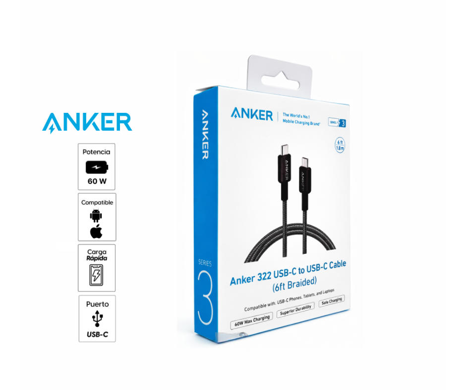 Cable de datos y carga ANKER 322 usb-c a usb-c 1.8mts, 60w