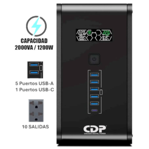 UPS INTELIGENTE CDP CON ESTABILIZADOR VOLTAJE Y PANTALLA 2000VA/1200W 10 TOMAS