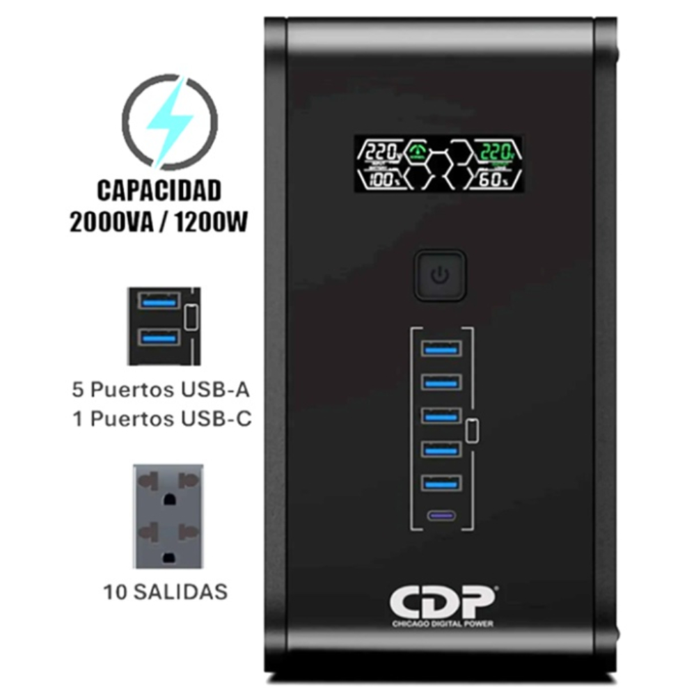 UPS INTELIGENTE CDP CON ESTABILIZADOR VOLTAJE Y PANTALLA 2000VA/1200W 10 TOMAS